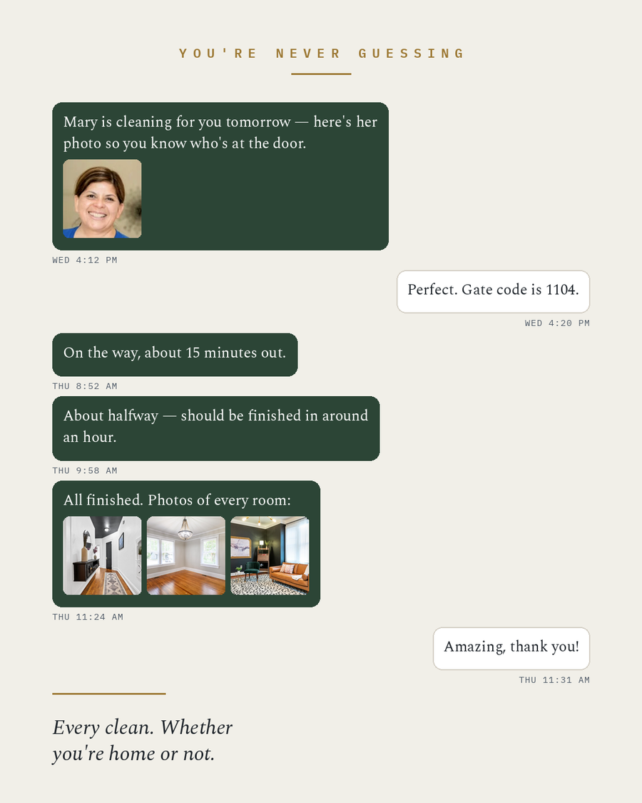 Text messages from Stone & Sill: the cleaner's name and photo the day before, an on-the-way text, a progress update partway through, and photos of every room when finished.